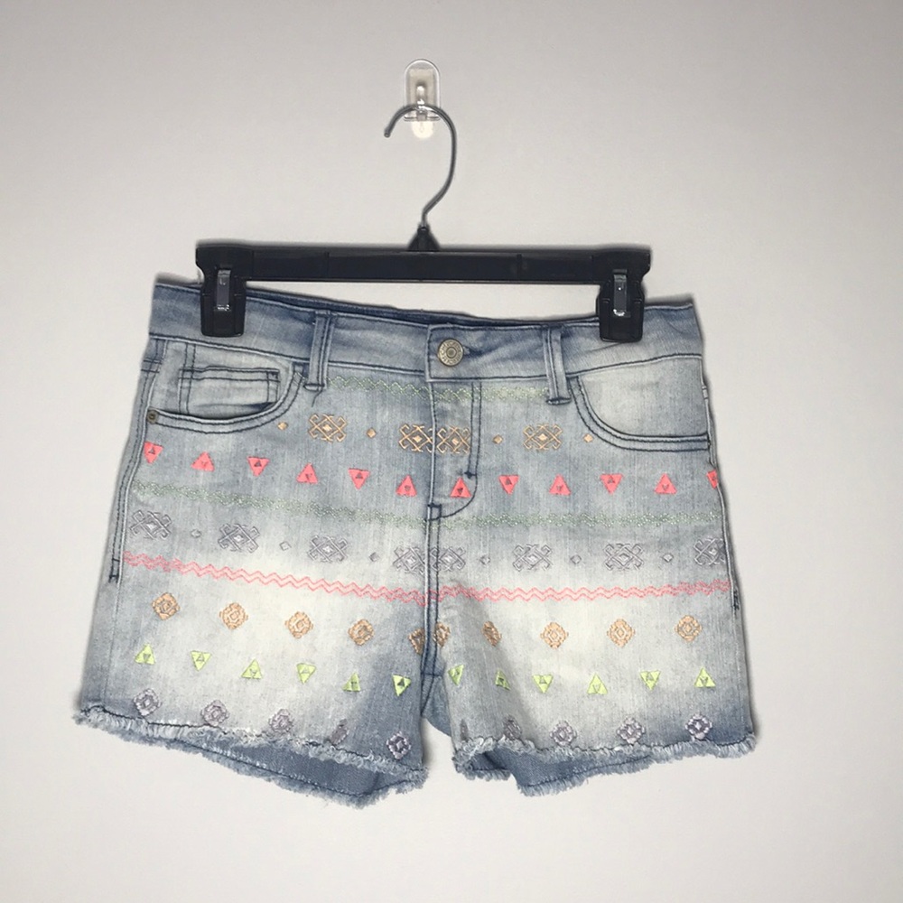 kids jean shorts with colorful stitching pattern
